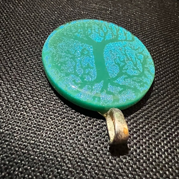 Teal Fused Art Glass Jewelry Necklace Pendant with Spiritual Tree of Life - Picture 2 of 5